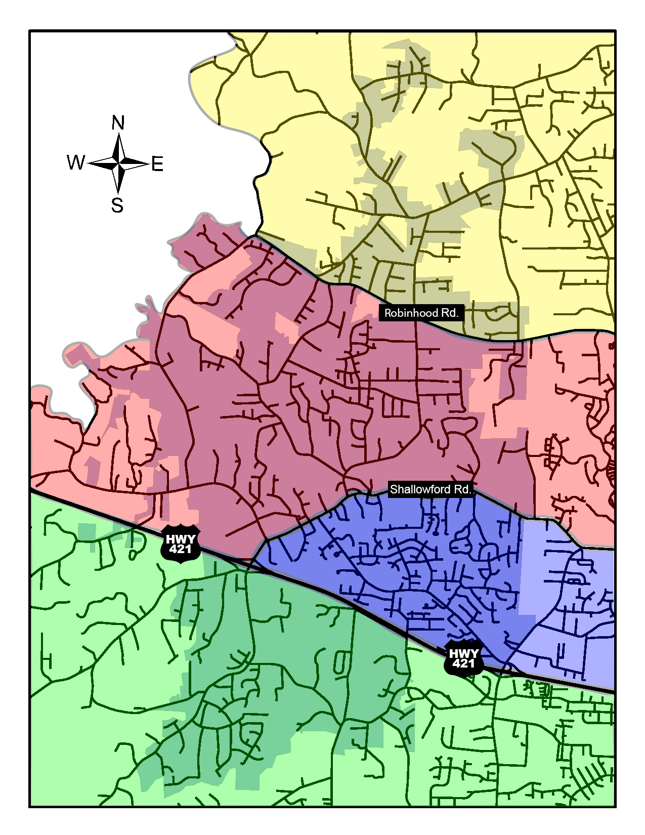 Town of Lewisville map separated by four colors